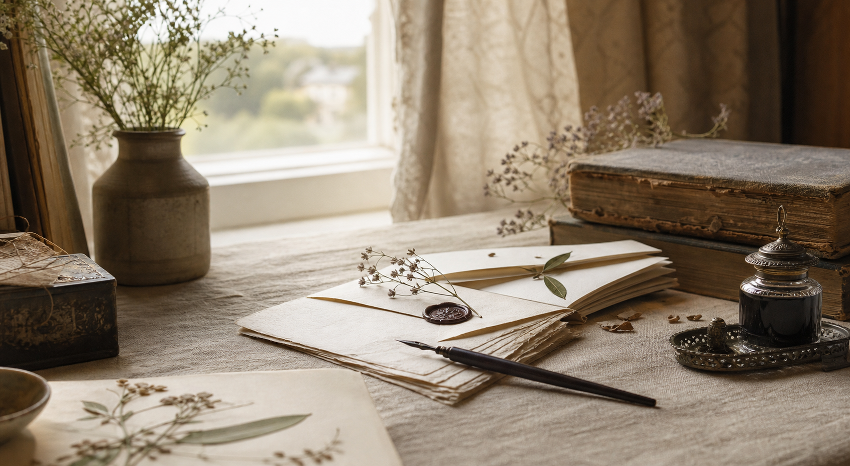 A Regency-inspired writing desk with folded letters, an ink pen, antique book edges and soft morning light.